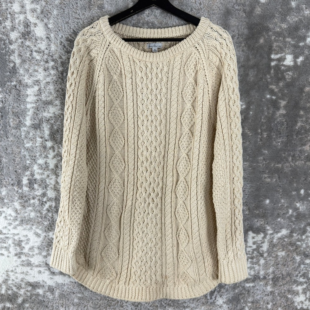 LL Bean Signature Size M Cable Knit Cotton Side Zip Sweater Cream Women LS